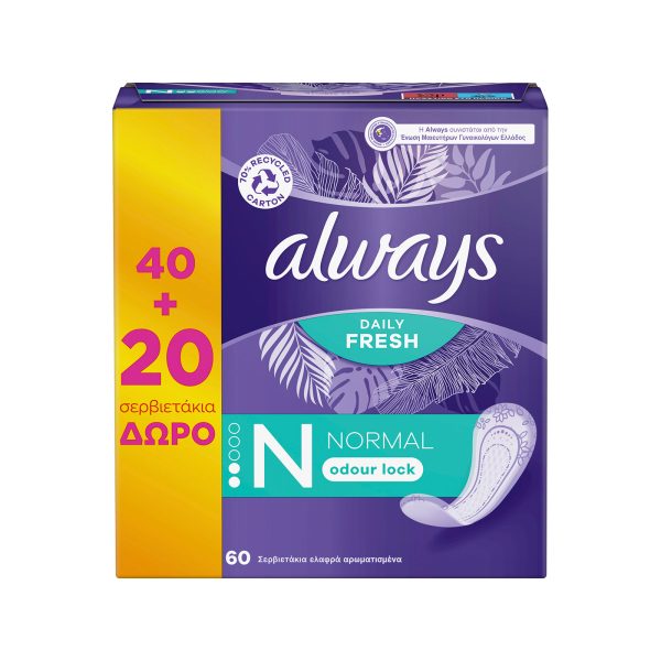 Always Dailies Fresh & Protect Normal Πακέτο Προσφοράς Σερβιετάκια 40+20 Δώρο
