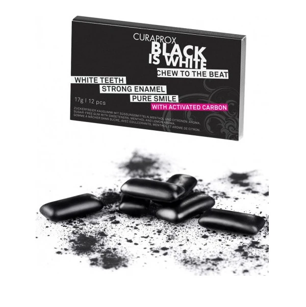9837420f3a799423a8ed7e9e0c72dc3c.jpg Curaprox Black Is White Τσίχλες με Ενεργό Άνθρακα 12pcs/17gr - Image 1