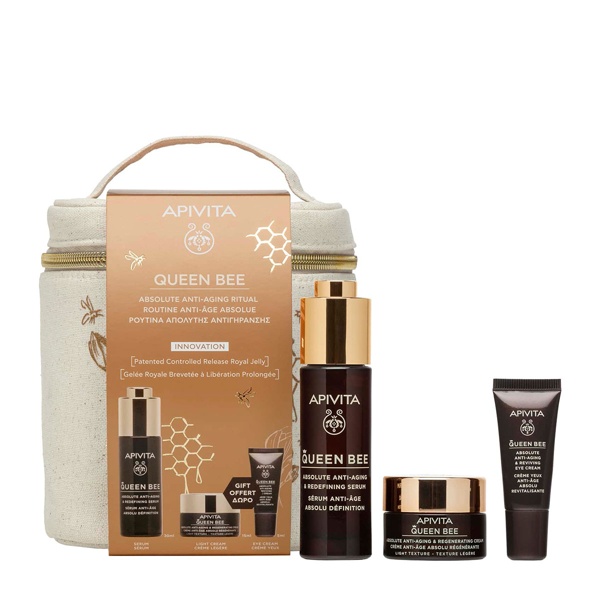 4 Apivita Promo Queen Bee Absolute Anti Aging & Redefining Serum , Light Cream & Eye Cream - Image 1